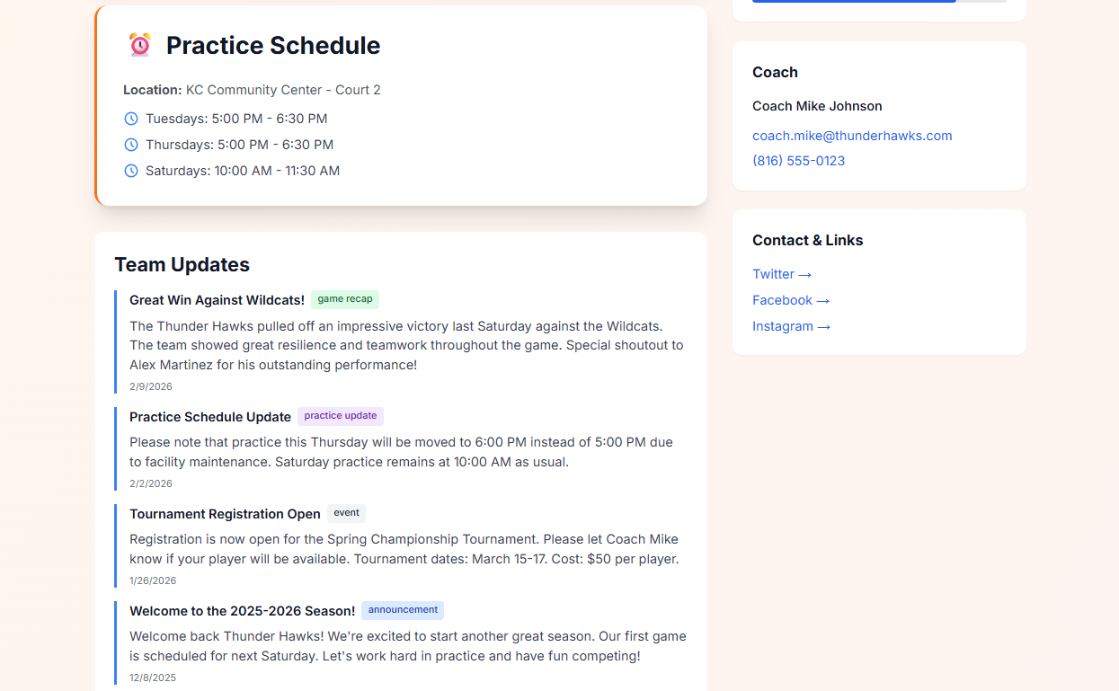 Team updates showing practice schedule, announcements, and team news